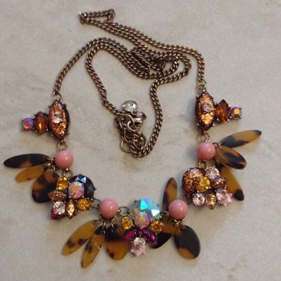 J. Crew gold tone rhinestone tortoise shell glitter eyes necklace - Picture 2 of 8